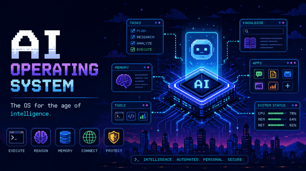 Minh hoạ AI Operating System: các bảng Tác vụ, Tri thức, Bộ nhớ, Công cụ và Ứng dụng quanh một chip AI trung tâm.